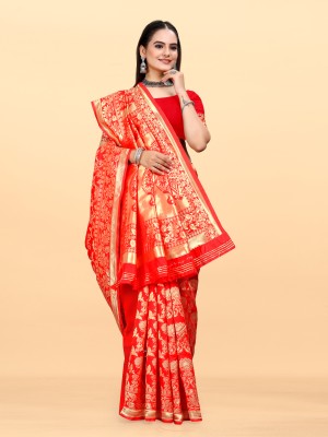Om Shantam sarees Striped, Self Design, Woven Kanjivaram Art Silk Saree(Red)