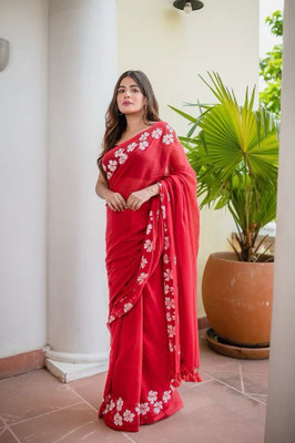 Shubharam Floral Print, Printed Bollywood Linen, Cotton Blend Saree(Red)