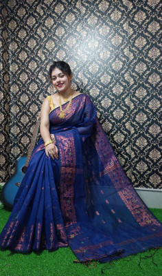 rinasareehouse Woven Handloom Cotton Silk Saree(Dark Blue)