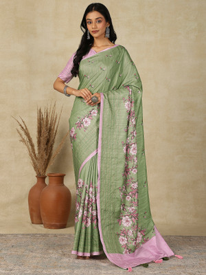 Sangria Printed Banarasi Silk Blend Saree(Light Green)