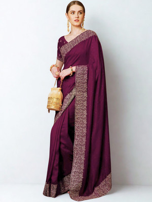 Rudra Enterprise Embroidered Assam Silk Pure Silk Saree(Purple)