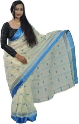 NILIMA HANDICRAFTS Printed Handloom Cotton Blend Saree(White)