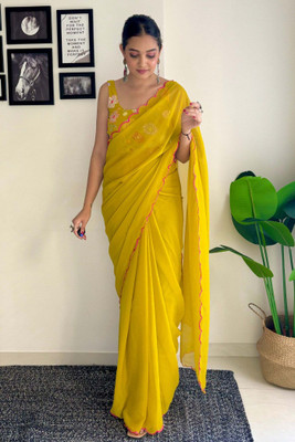 Tejmidam enterprise Embroidered, Floral Print Bollywood Georgette Saree(Yellow)