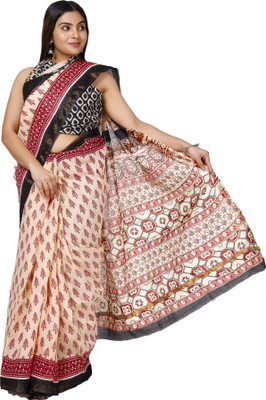 NIKHILAM Blocked Printed, Color Block, Dyed, Floral Print, Printed Chanderi Chanderi Saree(Maroon)