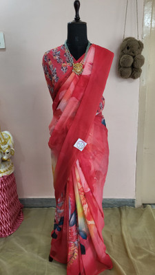 SIRINIKAA FASHIONS Digital Print Saree with Attached Blouse Georgette Saree(Red)