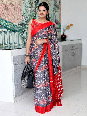 Sareemall Printed Ikkat Cotton Blend Saree(Grey)