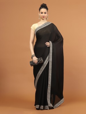 Meena Bazaar Embroidered Bollywood Chiffon Saree(Black)