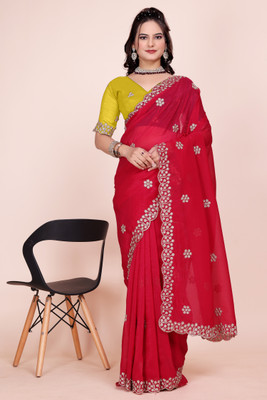 V AMAN FASHION Solid/Plain, Self Design, Embroidered Bollywood Chiffon, Jimmy choo Saree(Red)