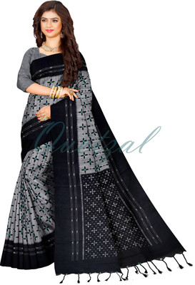 Quetzal Printed Sambalpuri Pure Cotton Saree(Grey)