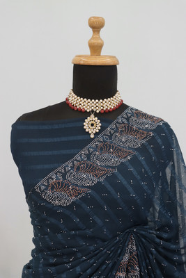 Mikhushop Embroidered Bollywood Georgette Saree(Dark Blue)