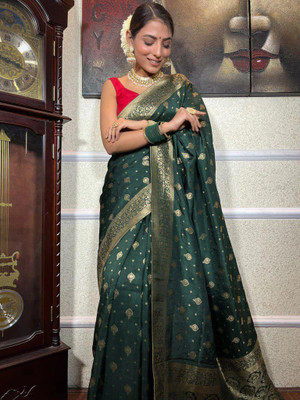 HARLESARIYA Woven, Printed, Self Design, Embellished, Digital Print Banarasi Silk Blend Saree(Green)