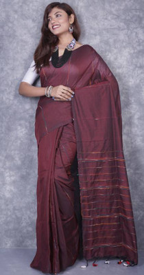 Shree Hari Self Design Handloom Cotton Blend Saree(Maroon)