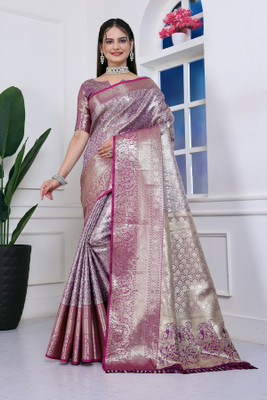 SHREE NATH CREATION Woven Dharmavaram Cotton Blend Saree(Magenta, Gold)