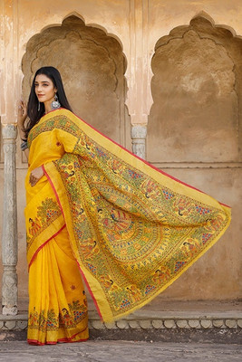 Moda Rapido Digital Print Kalamkari Cotton Linen Saree(Yellow)