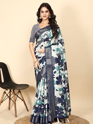 J6 Designers Floral Print Assam Silk Art Silk Saree(Blue)