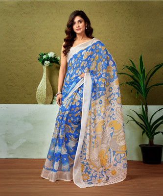 SIRIL Floral Print, Printed, Embellished Bollywood Linen Saree(Blue)