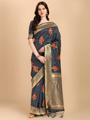 Tasrika Printed Banarasi Art Silk, Silk Blend Saree(Grey)