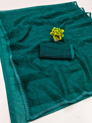 Anand Sarees Embellished Bollywood Net, Lace Saree(Dark Green)