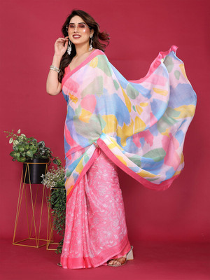 ANOUK Printed Saree with Attached Blouse Chiffon Saree(Pink)