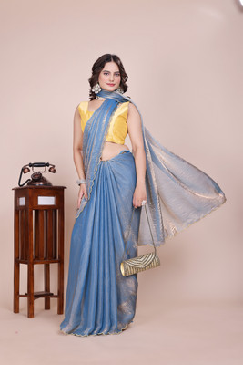 MK WOMENS Solid/Plain, Embroidered Bollywood Silk Blend Saree(Blue)