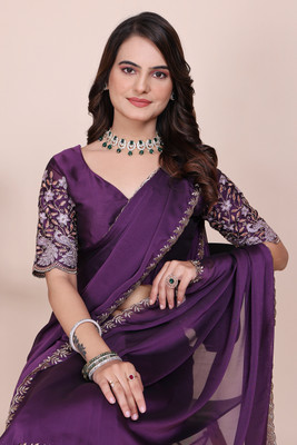 SDGRATITUDE Embroidered, Solid/Plain, Embellished Lucknow Chikankari Chiffon, Art Silk Saree(Purple)