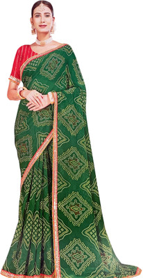 ASTEYAM Printed Bandhani Georgette Saree(Green)