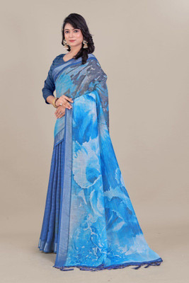 Laxmi Fashion Printed, Floral Print Assam Silk Jacquard, Cotton Silk Saree(Light Blue)