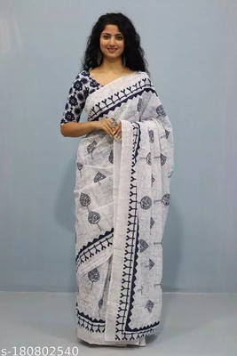 Tropwear Printed Ikkat Pure Cotton Saree(White)