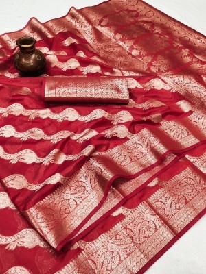 Bansari Textiles Embellished, Applique, Self Design, Woven Banarasi Art Silk Saree(Red)