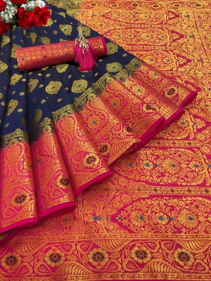 SSP TEX Woven Kanjivaram Silk Blend, Art Silk Saree(Dark Blue, Pink)