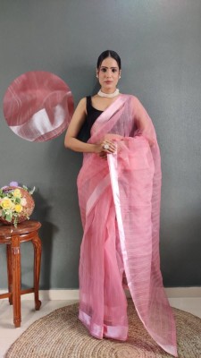 Bansari Textiles Printed, Woven, Striped, Dyed, Solid/Plain Bollywood Organza, Jute Silk Saree(Pink)