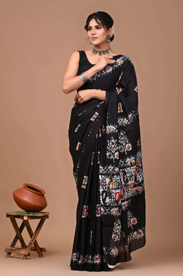 INDIAN DRAPING COMPANY Printed Daily Wear Pure Cotton Saree(Black)