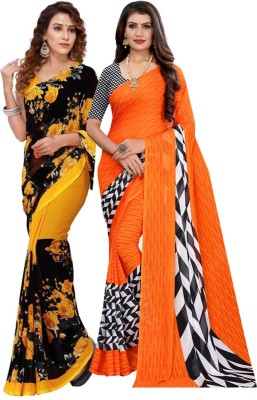 Priyashi Floral Print Daily Wear Georgette Saree(Pack of 2, Black, Orange)