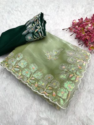 sareya veela Embroidered, Floral Print Bollywood Organza, Silk Blend Saree(Green)