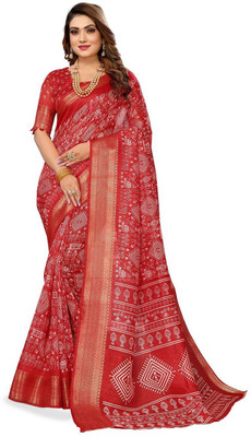 Moda Rapido Printed Bandhani Cotton Blend Saree(Red)