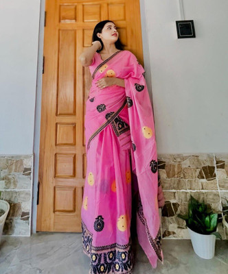 white desert Self Design Mekhela Chador Cotton Silk Saree(Pink)