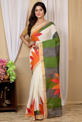 DipDiya Hand Painted, Self Design, Woven Handloom Cotton Blend Saree(Multicolor)