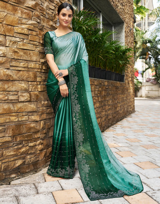 Satrani Embellished, Self Design Bollywood Georgette Saree(Green)
