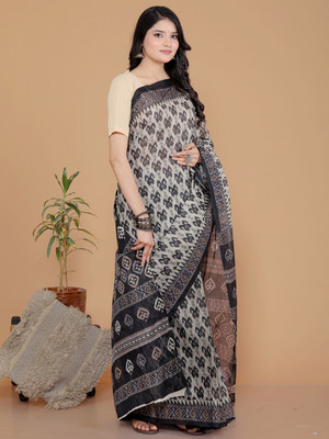 Jevi Prints Blocked Printed Daily Wear Pure Cotton Saree(Black)