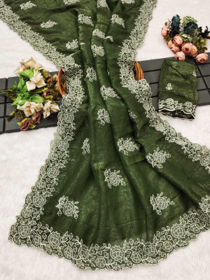 SHRIMORI Floral Print Bollywood Jimmy choo Saree(Green)