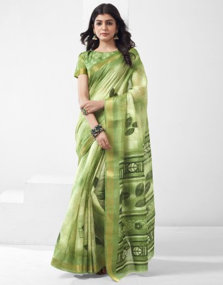 Samah Printed, Embellished Daily Wear Cotton Blend Saree(Light Green, Dark Green)