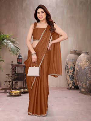 Trend Mahal Solid/Plain Bollywood Jimmy choo Saree(Brown)