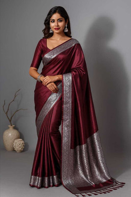 Afronza Woven, Self Design, Solid/Plain, Dyed Banarasi Satin, Silk Blend Saree(Maroon)