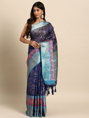 Tasrika Floral Print Banarasi Silk Blend Saree(Dark Blue)