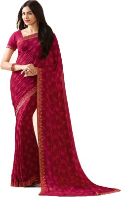 Bombey Velvat Fab Printed, Hand Painted, Ombre, Geometric Print, Floral Print, Checkered Daily Wear Georgette, Chiffon Saree(Maroon)