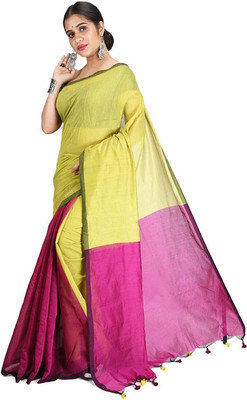 Desh Bidesh Woven, Solid/Plain, Self Design Bollywood Handloom Cotton Blend, Cotton Silk Saree(Light Green)