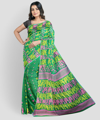 TRANDE Woven Jamdani Cotton Silk Saree(Green)