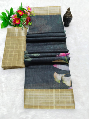 HouseOfCommon Printed Kanjivaram Linen, Cotton Linen Saree(Black)
