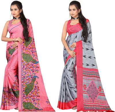 Leelavati Printed Daily Wear Crepe Saree(Pack of 2, Pink, Grey)