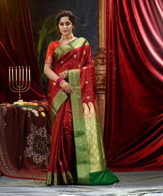 Dulhan Collection Embroidered Banarasi Handloom Satin Saree(Maroon)